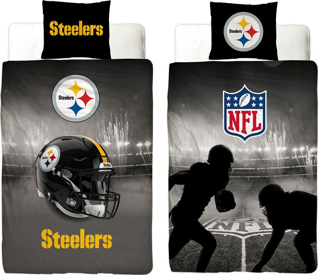 Collage of two Pittsburgh Steelers themed bedding sets, one with a helmet and logo, the other with football players and the NFL logo.