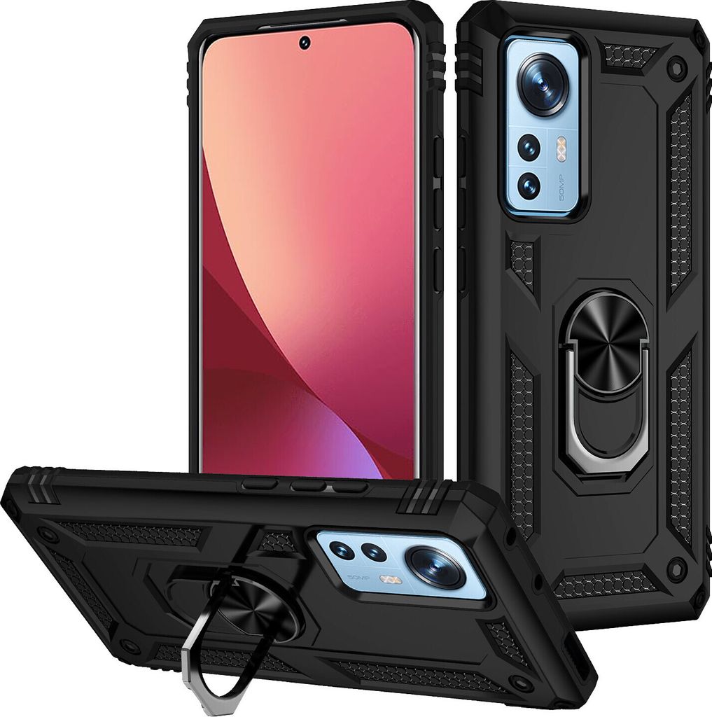 Xiaomi 12 / 12X Hülle, Dual Layer Robust Militäre Schutzhülle mit Ringhalterung Ständer für Xiaomi 12 / 12X Schwarz