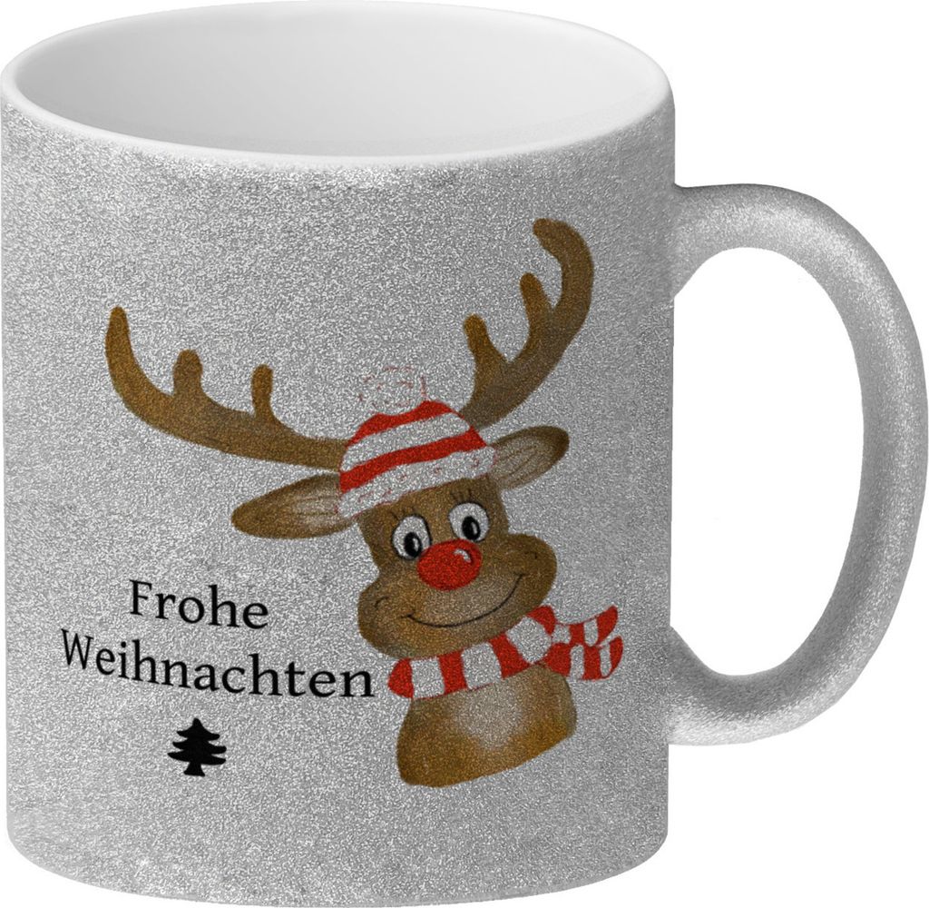 Weihnachten Glitzer-Kaffeebecher mit Rentier und Spruch - Frohe Weihnachten