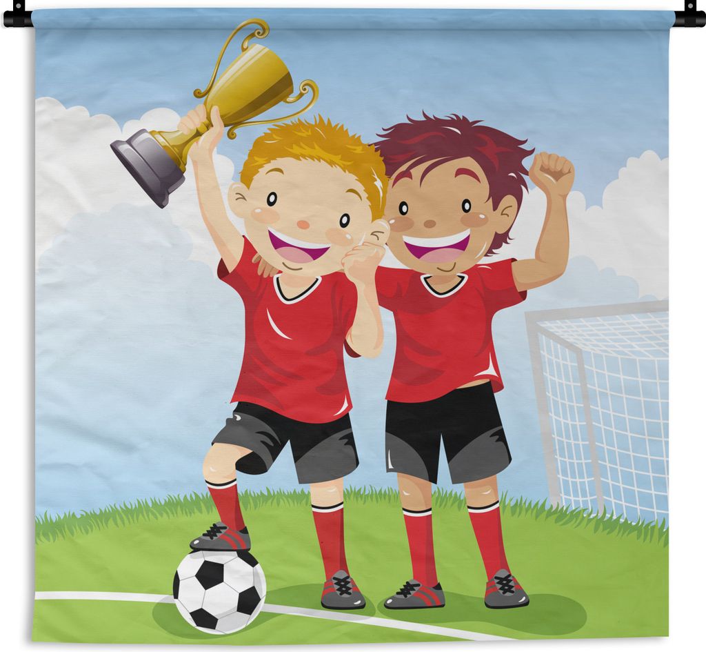MuchoWow Wandteppich Wandbehang Eine Illustration von zwei Fußballspielern, die einen Preis gewonnen haben - Jungen - Mädchen - Kind 150x150 cm...