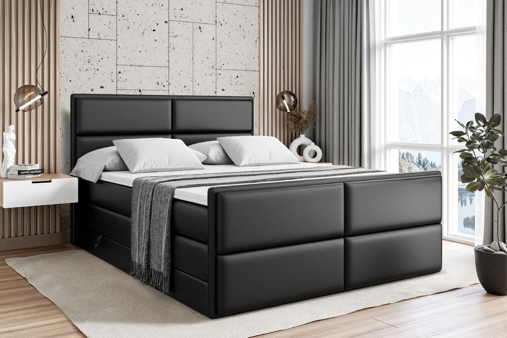 ALTDECOR Boxspringbett mit Fußteil, 2 Matratzen und Topper - 140x200 cm - AURA-Z KING - Schwarz Kunstleder - Polsterbett mit, H3- und H4- Matratze...