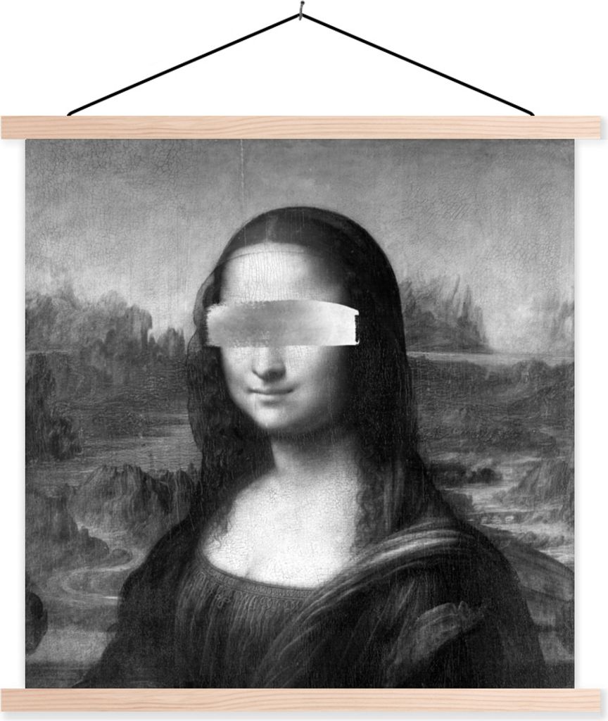 MuchoWow Textilposter Mona Lisa - Leonardo da Vinci - Schwarz - Weiß 60x60 cm mit holzfarbenen Rahmen - Wanddekoration