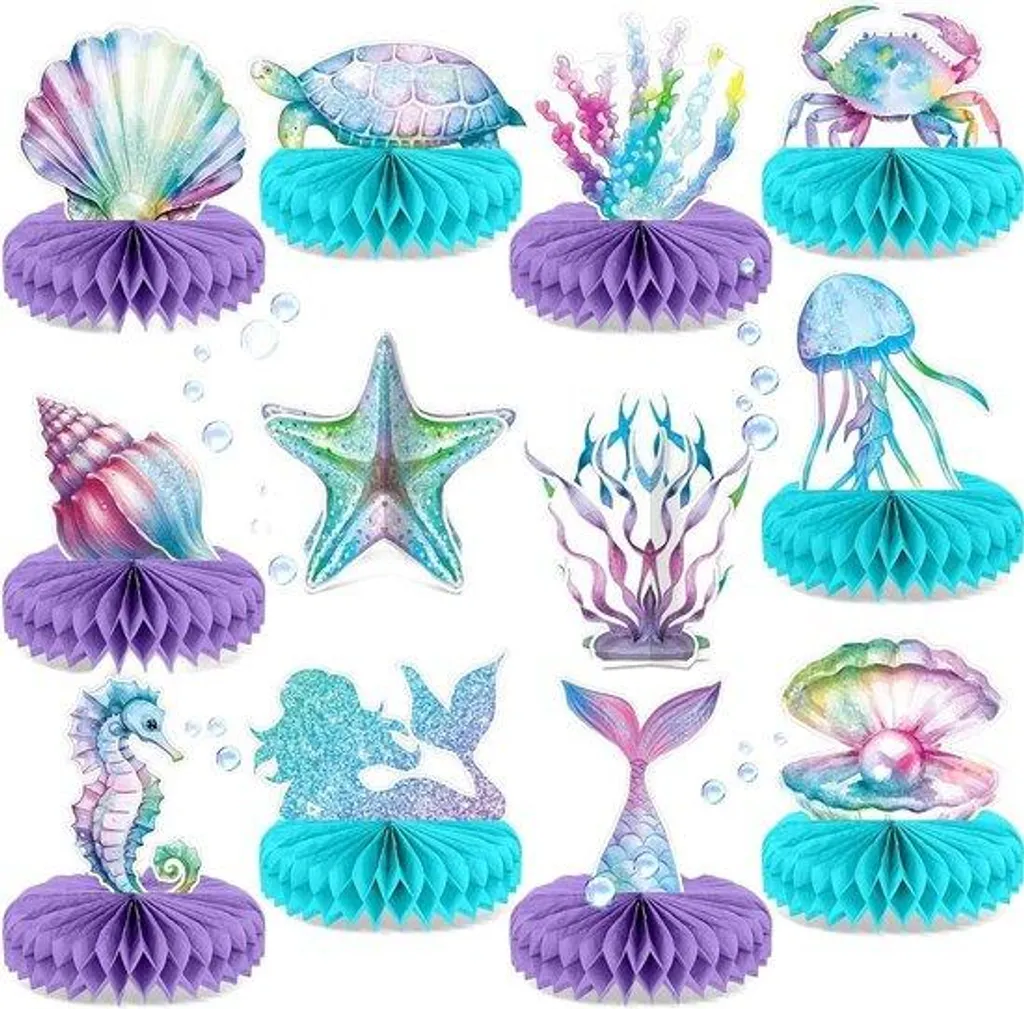 Déco anniversaire mer 12 pièces : suspensions en papier alvéolé 3D bleu