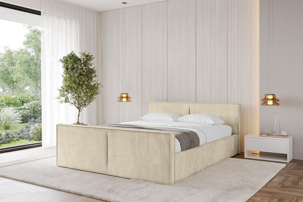 ALTDECOR Polsterbett mit Bettkasten - EMMI-Z-v1 - 120x200 Beige - Bett mit Matratze H3/H4, Kopfteil und Fußteil, Boxbett, Doppelbett mit Stauraum