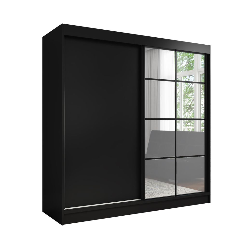 Taviro 200 cm Schwarz, 2-türiger Kleiderschrank mit Spiegel, 3 Schubladen und Kleiderstangen – Funktionalität und Eleganz!