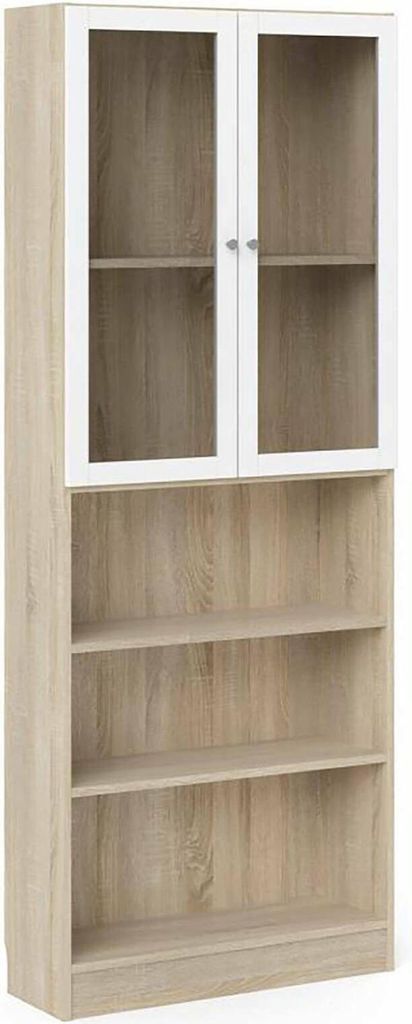 Bücherregal Chedeng, Büroregal, Mobiler Buchhalter, Bücherbrett, 79x28 h203 cm, Eiche und Weiß