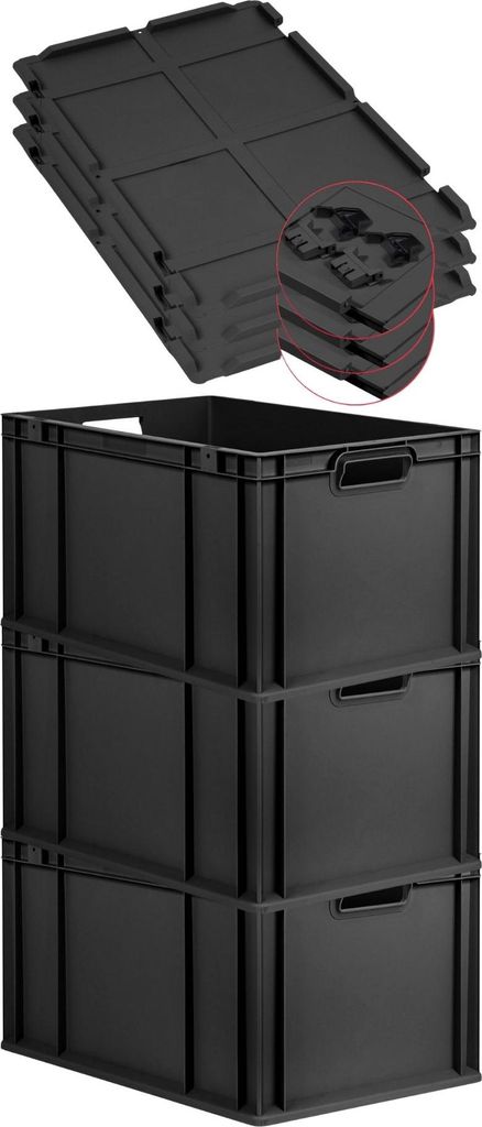 SuperSparSet 3x Eurobox NextGen Grip mit Scharnierdeckel und schwarzen Schiebeschnappverschlüssen | HxBxT 32x40x60cm | 65 Liter | Schwarz | Griffe...