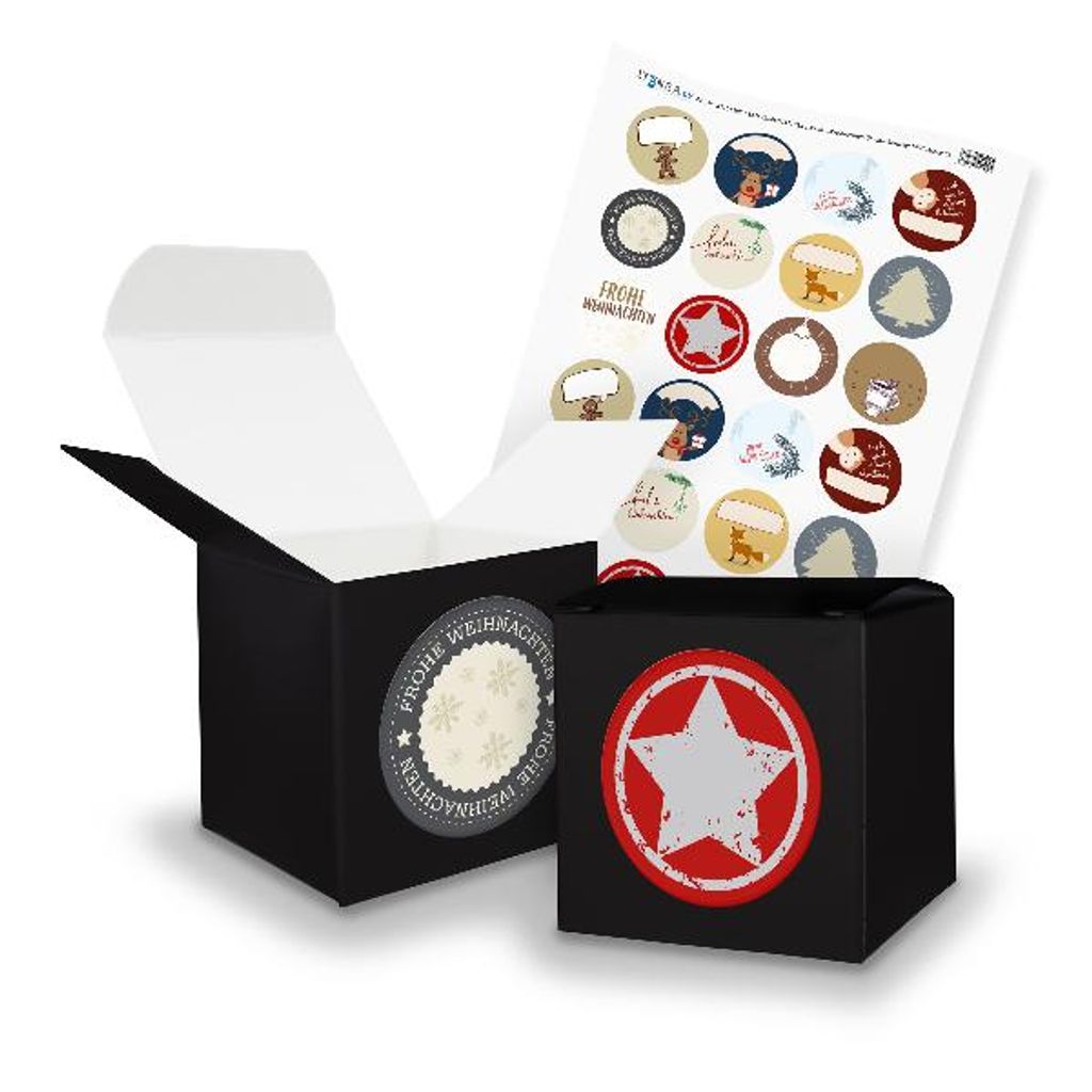 itenga SET Weihnachten Geschenkesticker Mix (Motiv 56) 24x Würfel 6,5cm schwarz