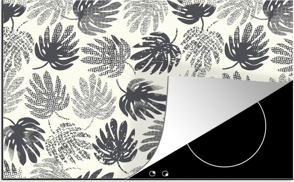 KitchenYeah Herdabdeckplatte Monstera - Schwarz und weiß - Muster - Vintage , 80x52cm, Küche Deko, Glaskeramikkochfeld Herdabdeckung, Abdeckpla...