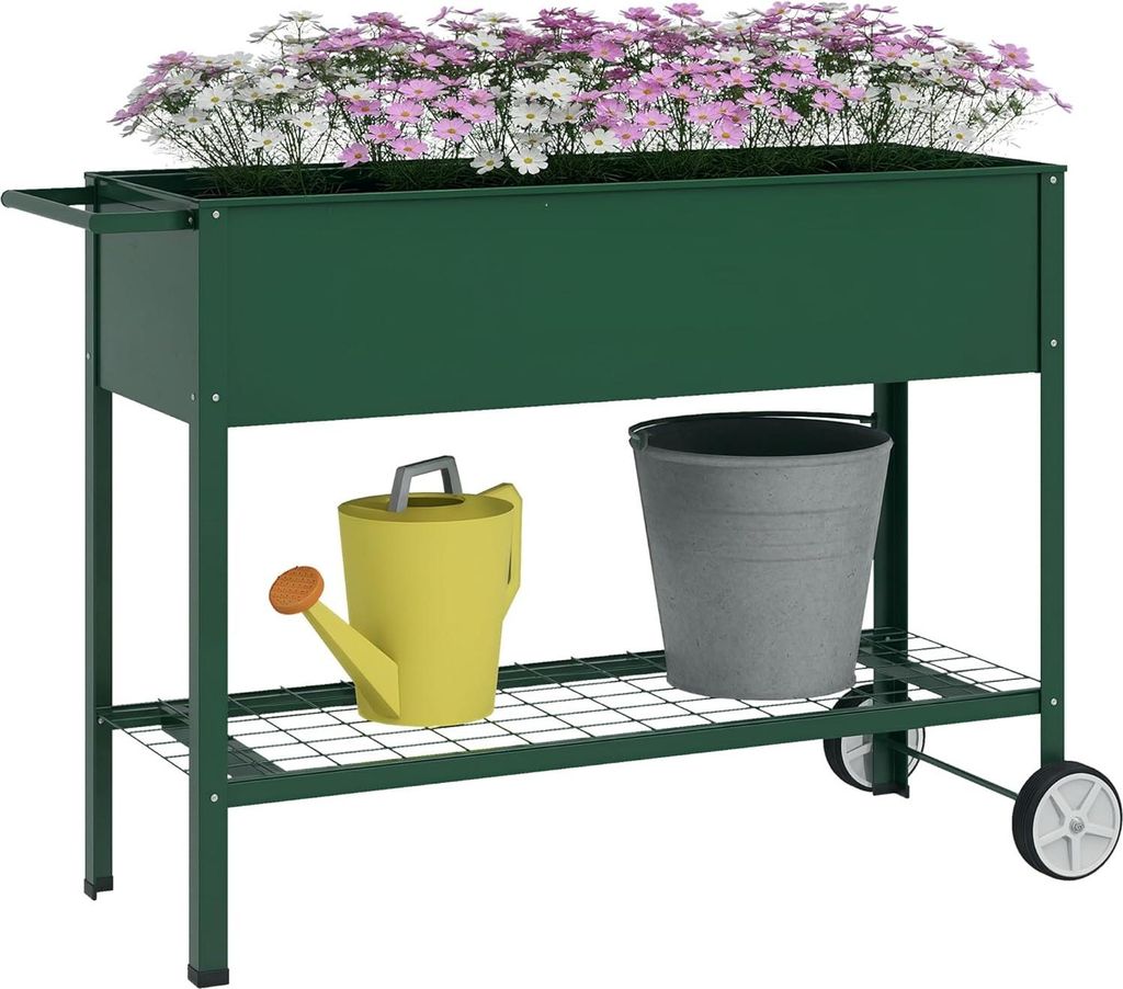 Erhöhte Pflanzenbox auf Rädern - Metallische Kräuterbox mit Regal für Garten und Balkon - Grau 109 x 44 x 80 cm
