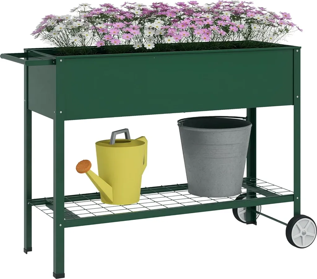 Table de jardinage métallique grise 109cm - Mobile avec grand plateau