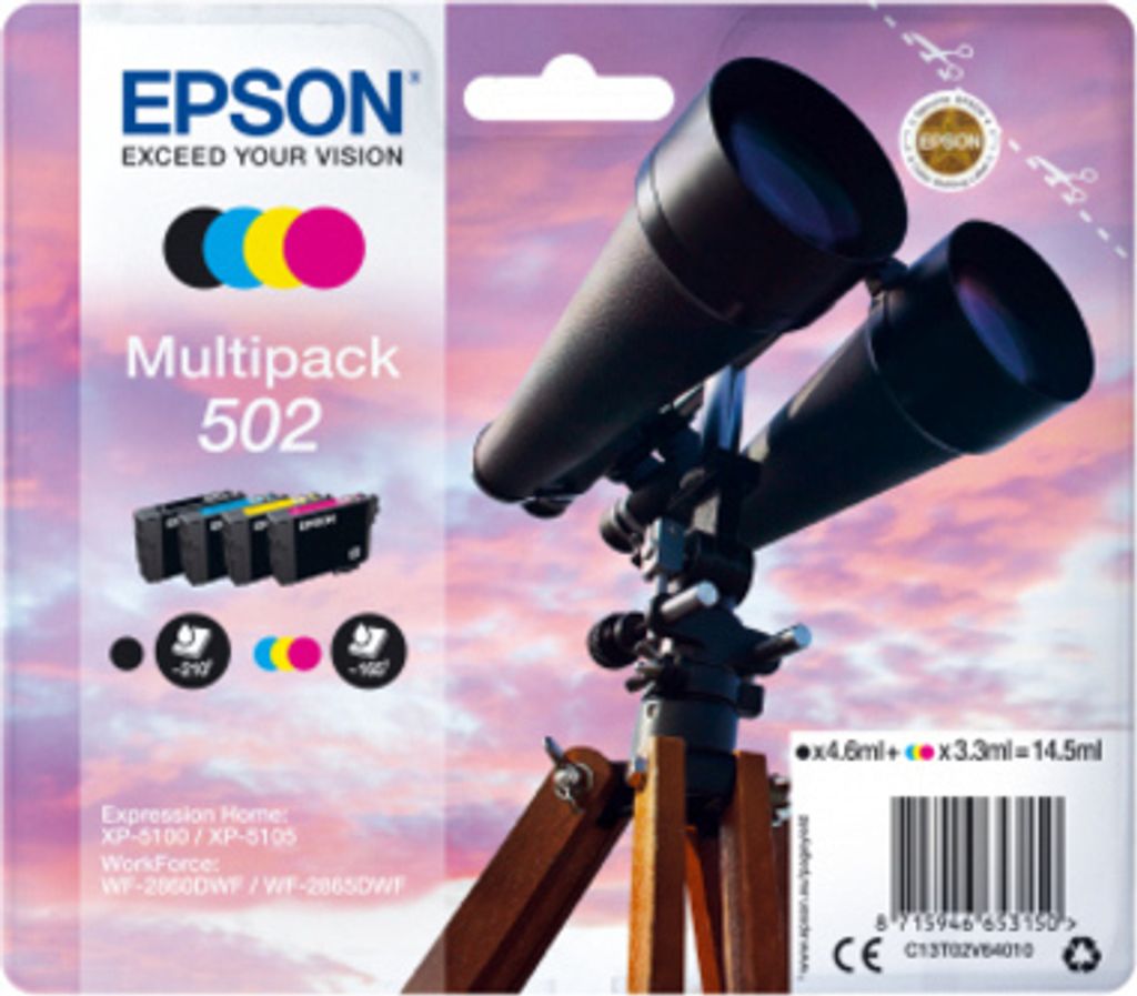 4 Original Epson Tinte 502/T02V64 Schwarz, Cyan, Magenta, Gelbn