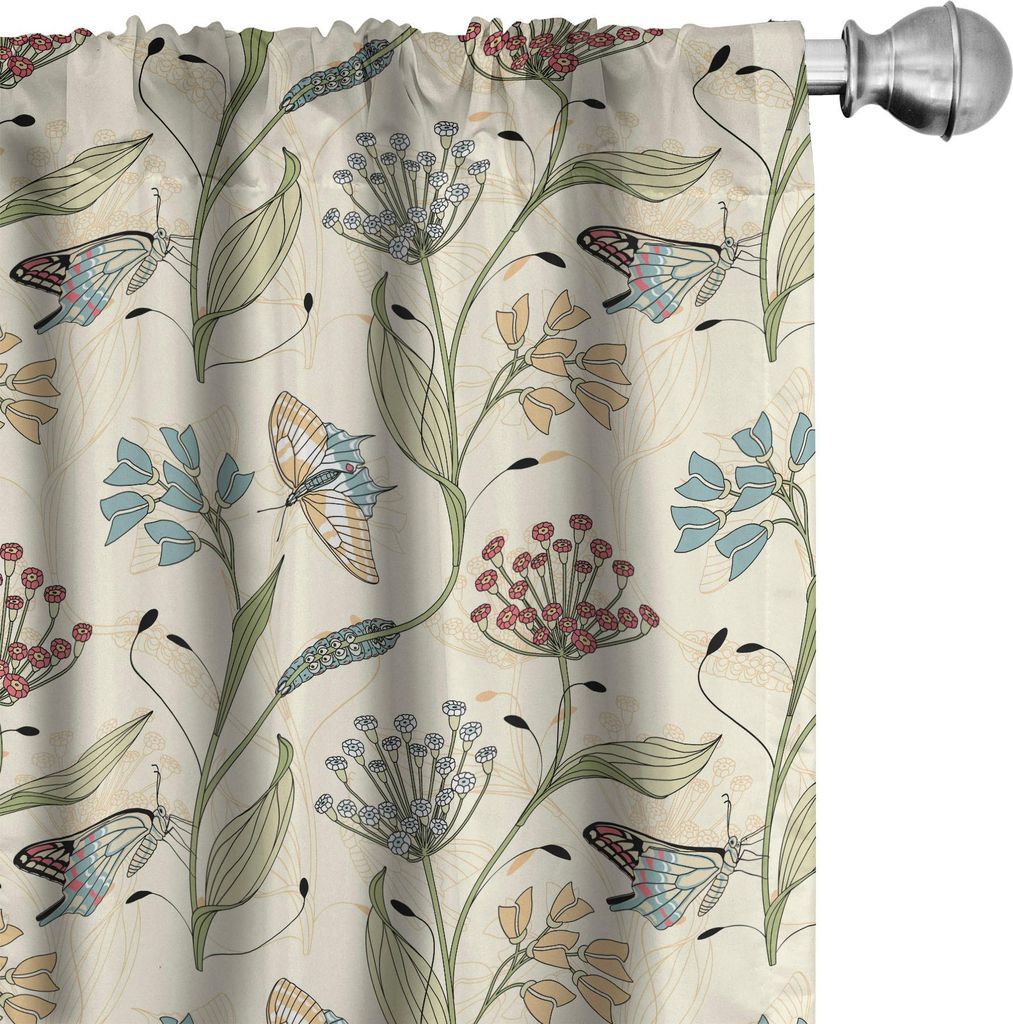 ABAKUHAUS Botanisch Vorhänge, Gardinen, Wald Insekten und Blumen Flourishing Pastellblüten Kräuter Schmetterling, 2 Stück 75 x 175 cm, Eischale...
