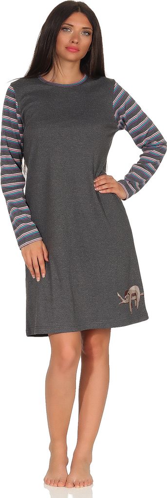 Damen Nachthemd langarm Kuschelinterlock - süsses Faultier Tiermotiv - auch in Übergrössen ; anthrazit-melange , 36