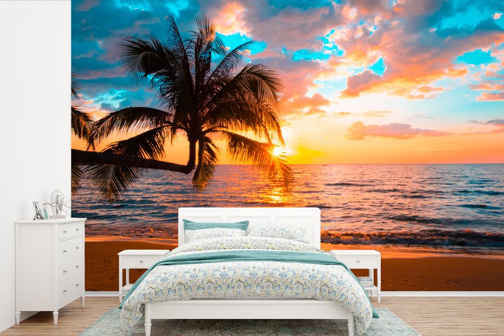 MuchoWow Fototapete für Wohnzimmer oder Schlafzimmer Wandtapete Vinyl Motivtapete Palme - Sonnenuntergang - Horizont - Strand - Meer - Tropisch ...