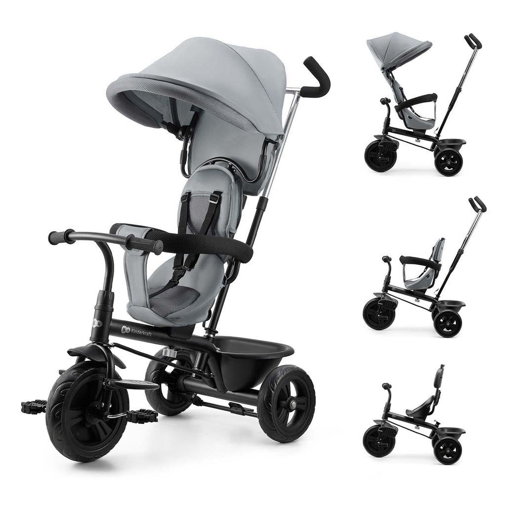 Kinderkraft FREEWAY 2 Dreirad Kinder mit Schiebegriff, 360° drehbarer Sitz, 3-Punkt-Gurt, AIR COMFORT SYSTEM, ab 9 Monaten bis 5 Jahre, Gray