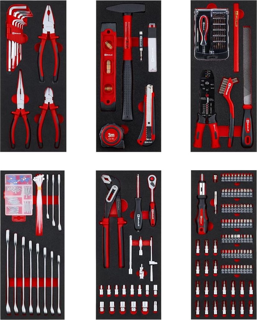 Original Einhell 6-Pads Werkzeugset für Werkstattwagen – 299 Teile inkl. Präzisions- & Spezialbits, Zangen, Schrauben, Steckschlüssel, Wasserw...