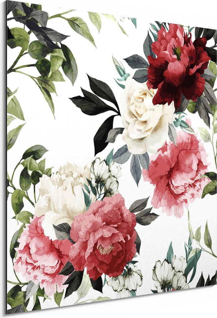 DEQORI Alu-Dibond Bild Weiß 50x50 cm 'Bunte Pfingstrosen' Wandbild Metall dünn Design