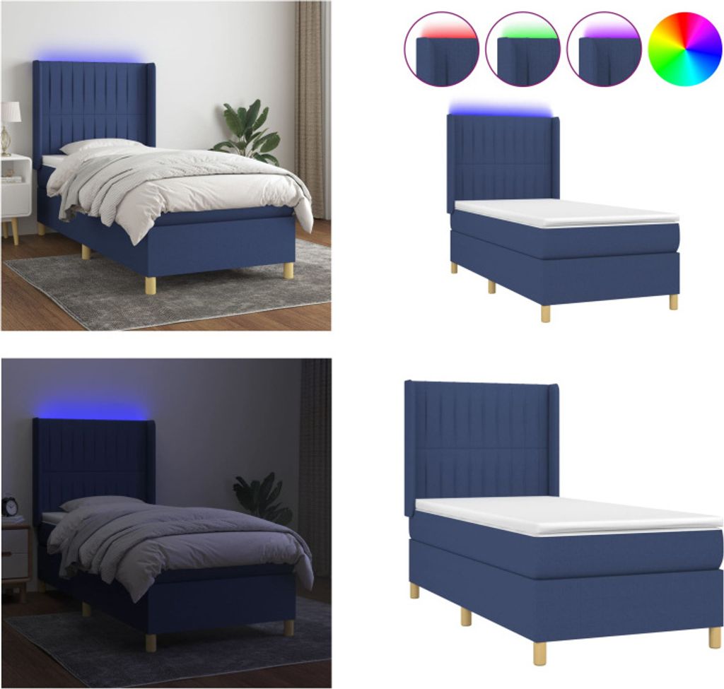vidaXL Boxspringbett mit Matratze & LED Blau 90x200 cm Stoff - Boxspringbett - Boxspringbetten - Bett - Schlafzimmermöbel