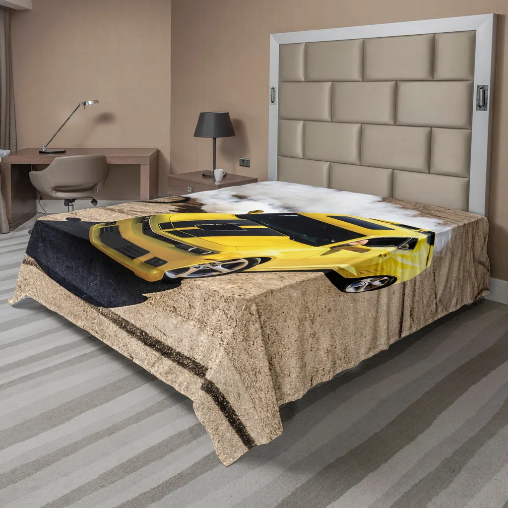 ABAKUHAUS Lenzuolo da letto maschile, auto sportive gialle che sfrecciano in una gara di velocità, immagine fotografica, lenzuolo morbido e confortevole per un letto decorativo, 1 pezzo, 260 cm x 228 cm, giallo caldo taupe