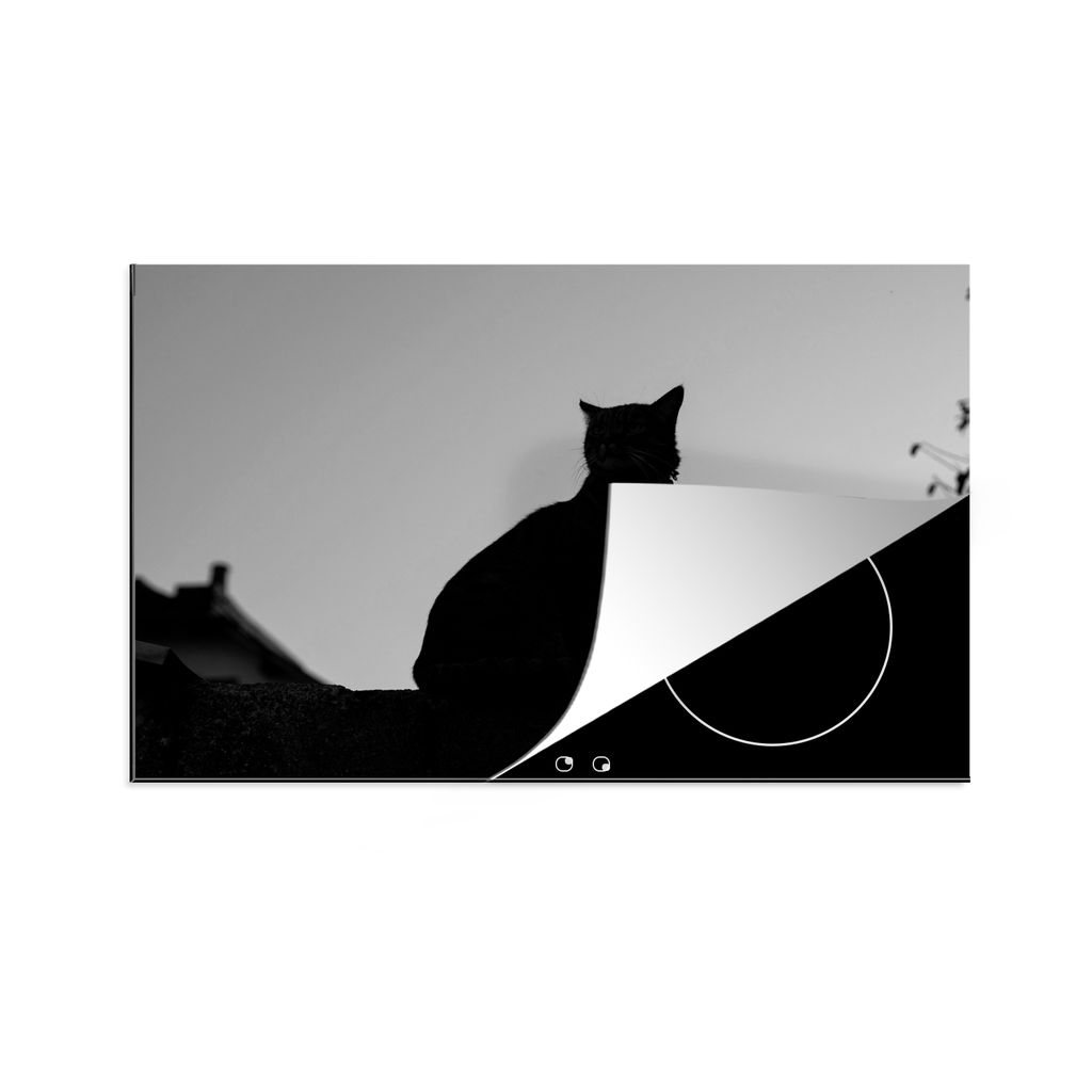 KitchenYeah Herdabdeckplatte Silhouette einer Katze - schwarz und weiß , 80x52cm, Küche Deko, Glaskeramikkochfeld Herdabdeckung, Abdeckplatte f...