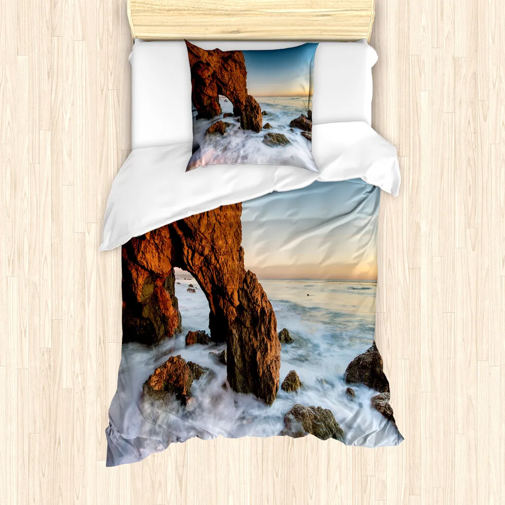 ABAKUHAUS Set copripiumino per letto singolo, Majestic Sea Cliff Ocean, antiacaro, adatto a chi soffre di allergie, con federa, 135 cm x 200 cm - 80 x 80 cm, cannella e blu