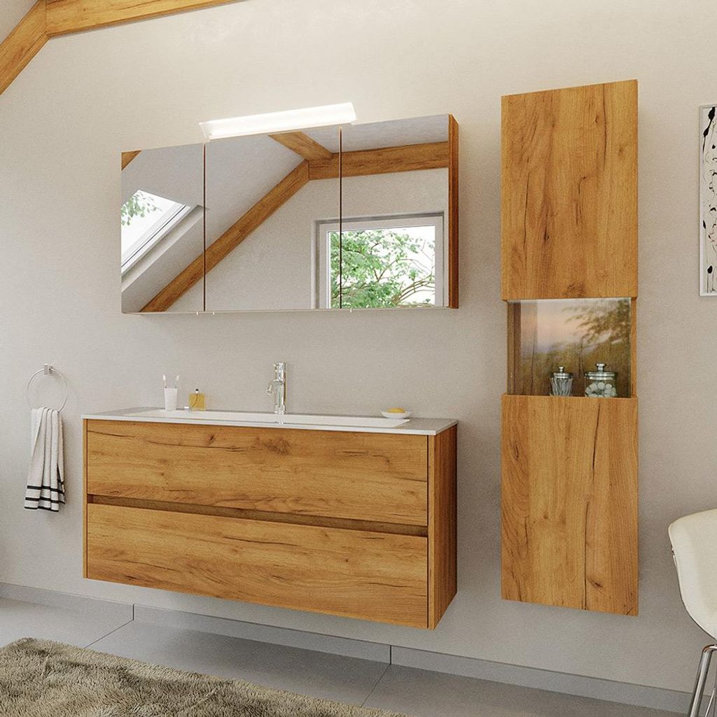 Badmöbel-Set 3-teilig mit 120 cm Waschtisch und Spiegelschrank mit LED-Beleuchtung in Eiche - LIVIGNO-02