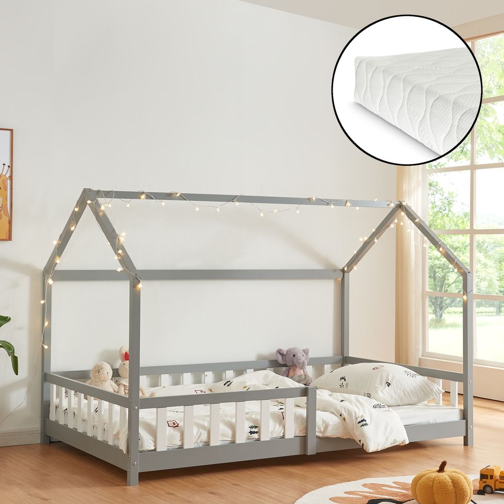 Hausbett ‘Hesel’ für Kinder mit Matratze Rausfallschutz Lattenrost 140 x 200 cm Grau