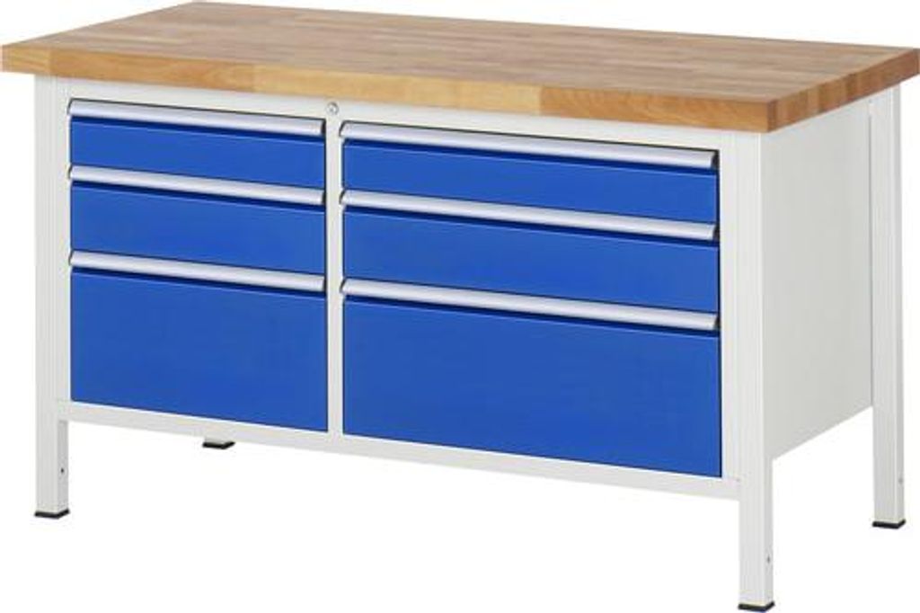 Werkbank mit 3 L, 3 XL Schubladen - Teilauszug - 120:2 / 150:2 / 270:2 - 840 x 1.500 x 700 mm (HxBxT) - Traglast 1.250 kg - Buche