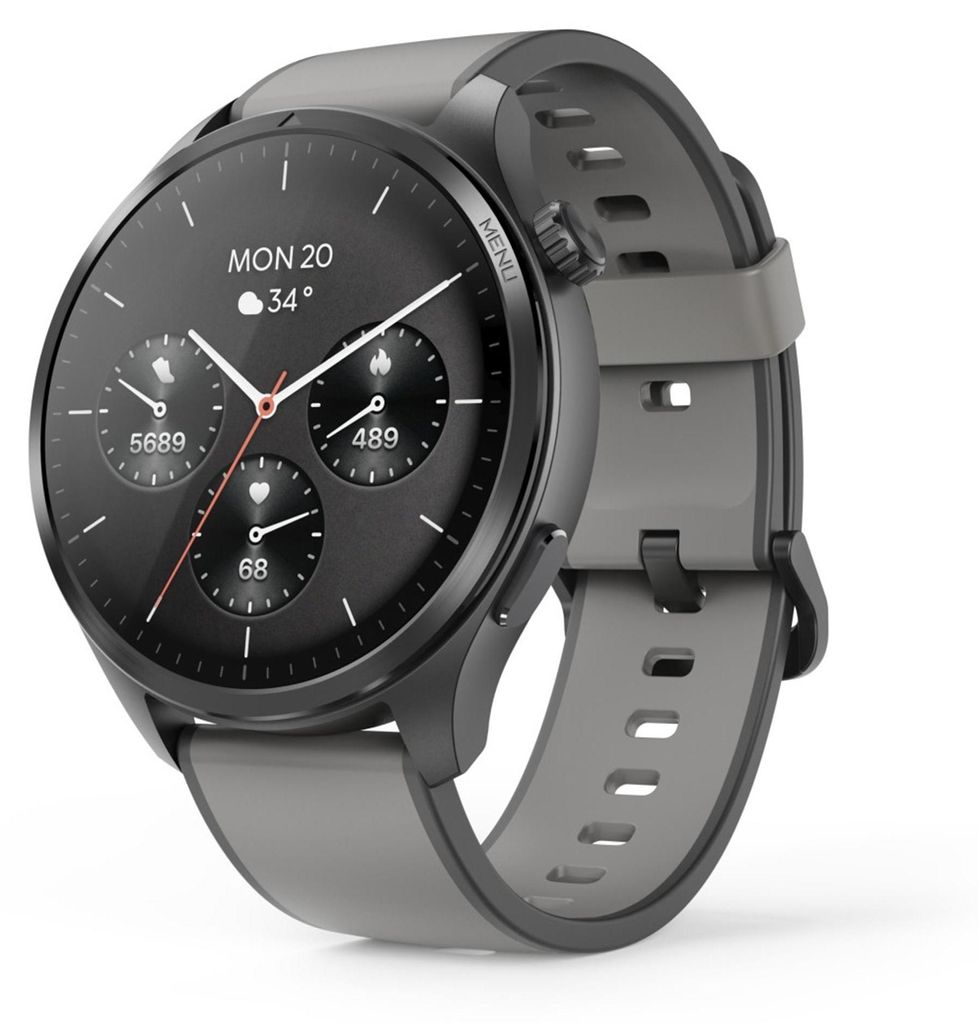 A smartwatch is shown from a diagonal angle against a white background.