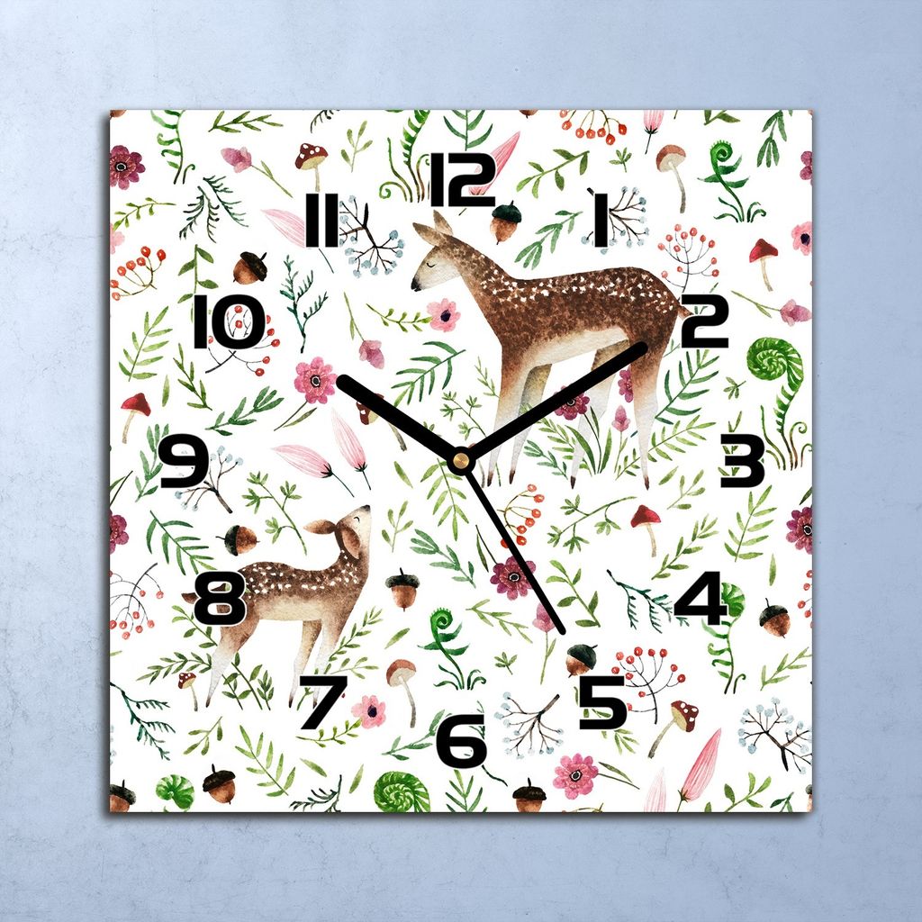 Wanduhr Echt-Glas-Küchenuhr Reh Waldpilze Weiß Quarz 30x30 Deko Bilder