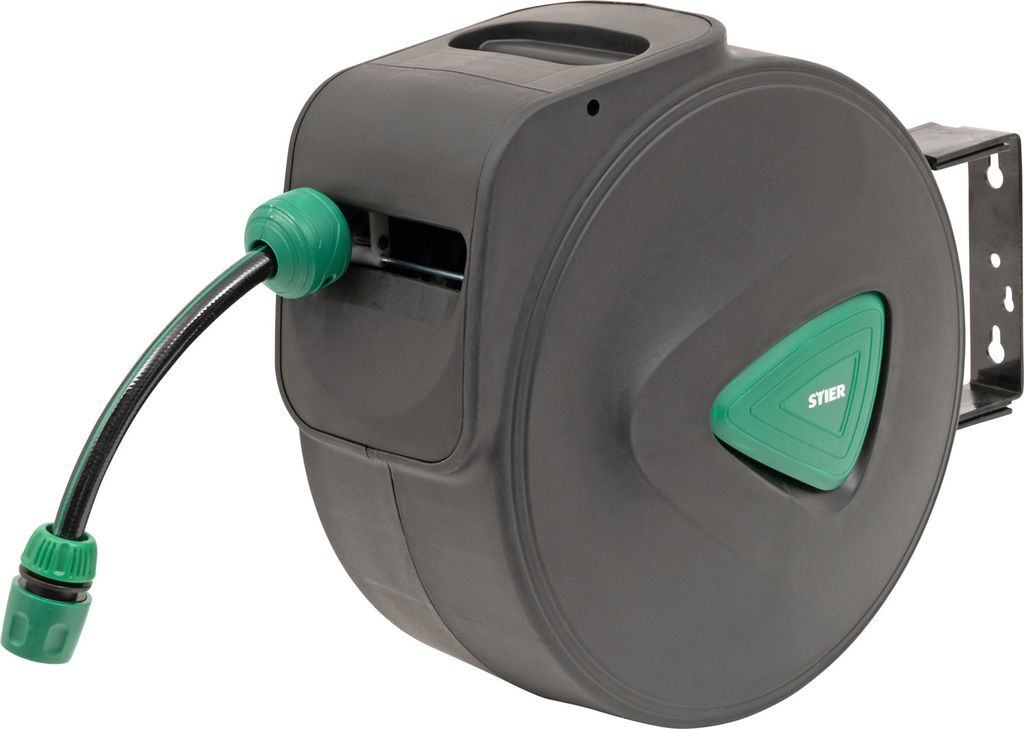 STIER Garten Schlauchtrommel SGS-200 20+2 m mit Sprühpistole automatisch schwenkbar, Gartenschlauch, Automatik-Aufwicklung, für Wandmontage, Trom...