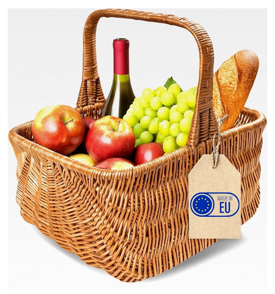 Weidenkorb mit Henkel für Einkäufe und Picknicks | 42 x 32 x 40 cm (+/- 1 cm) | Handgeflochten | Naturbraun | Vielseitig und Langlebig