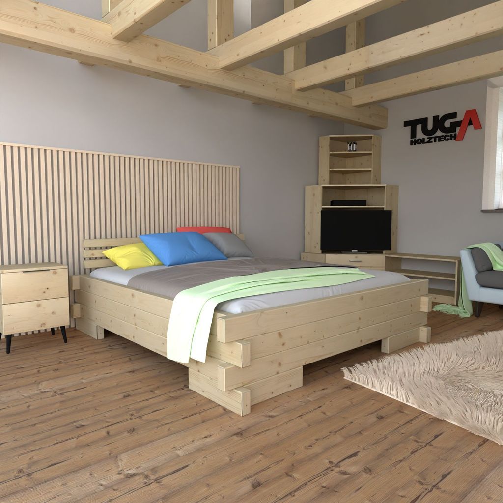 Massivholzbett Balkenbett Holzbett (Fichte) "Balken-Kati" 80 200 mit Überstand