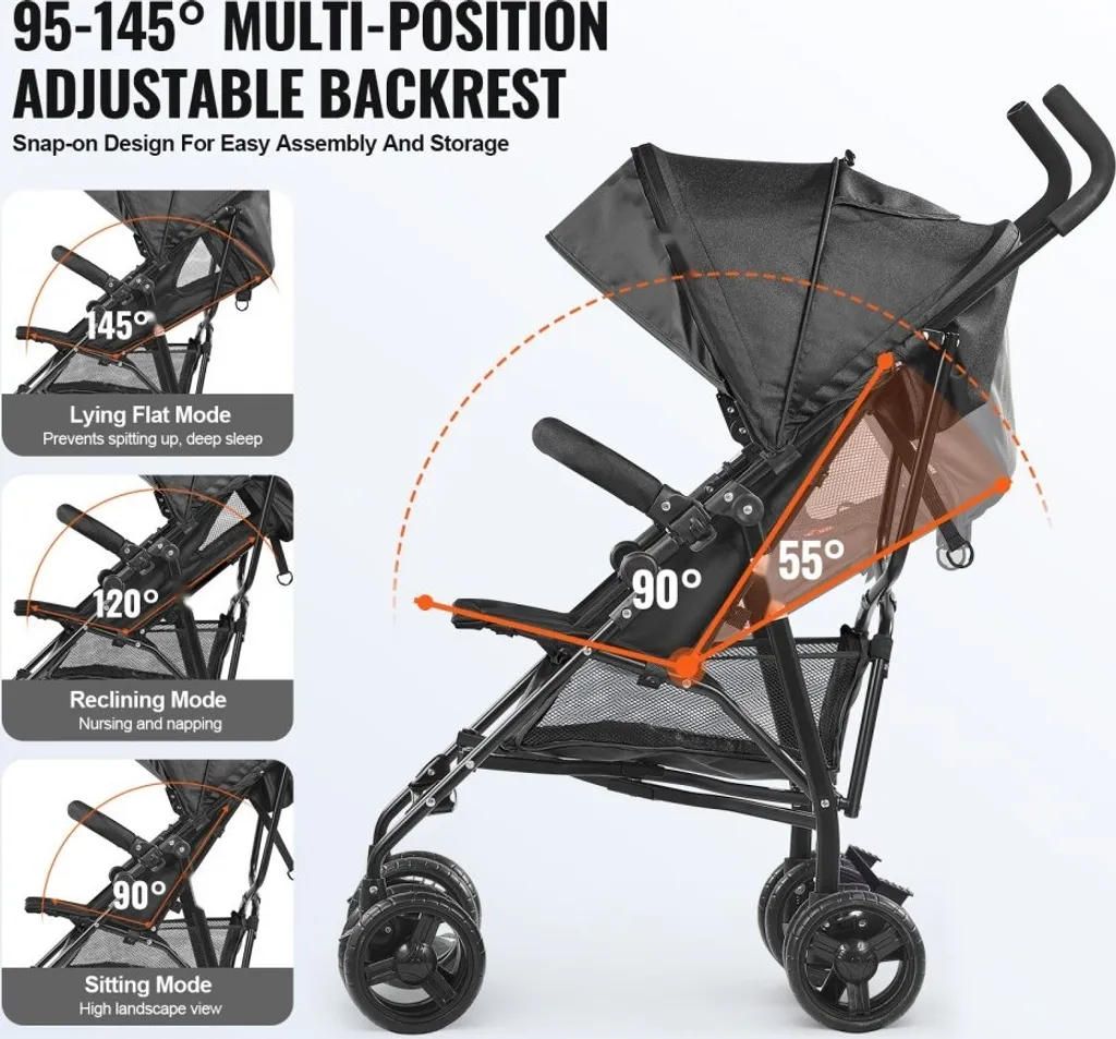 Poussette Buggy compacte noir dossier réglable - Confort enfant optimal