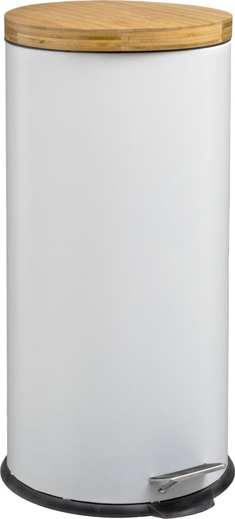 A white pedal bin with a bamboo lid.