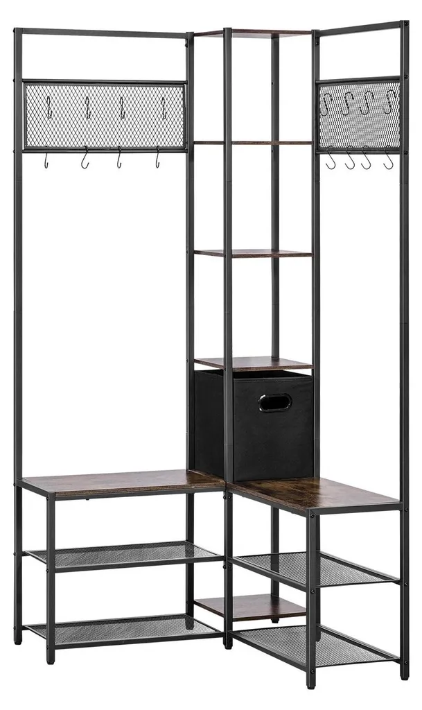 Porte-manteau d'angle rustique 180cm avec banc à chaussures et acier