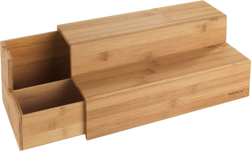 A bamboo tiered shelf with a pull-out drawer.