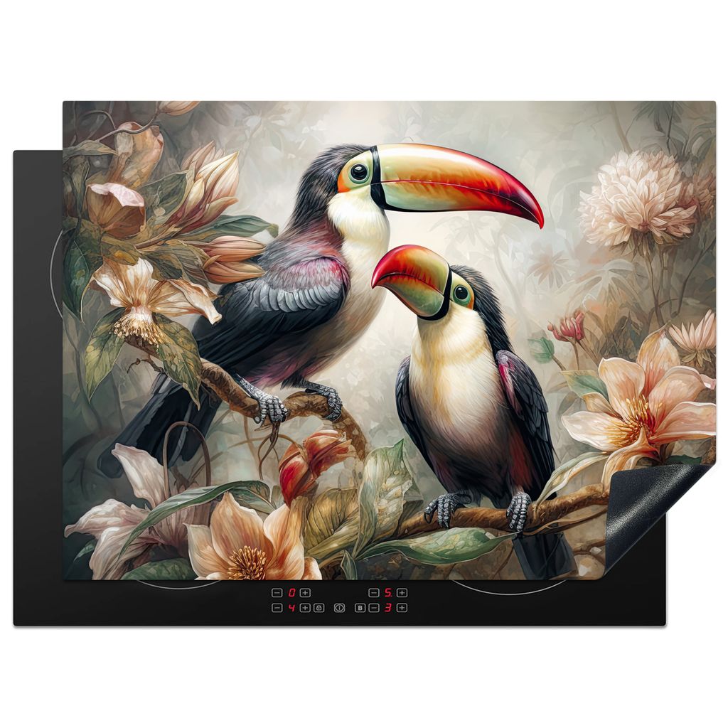 KitchenYeah Herdabdeckplatte Tukan - Vögel - Blumen - Dschungel , 71x52cm, Küche Deko, Glaskeramikkochfeld Herdabdeckung, Abdeckplatte fùr Koc...