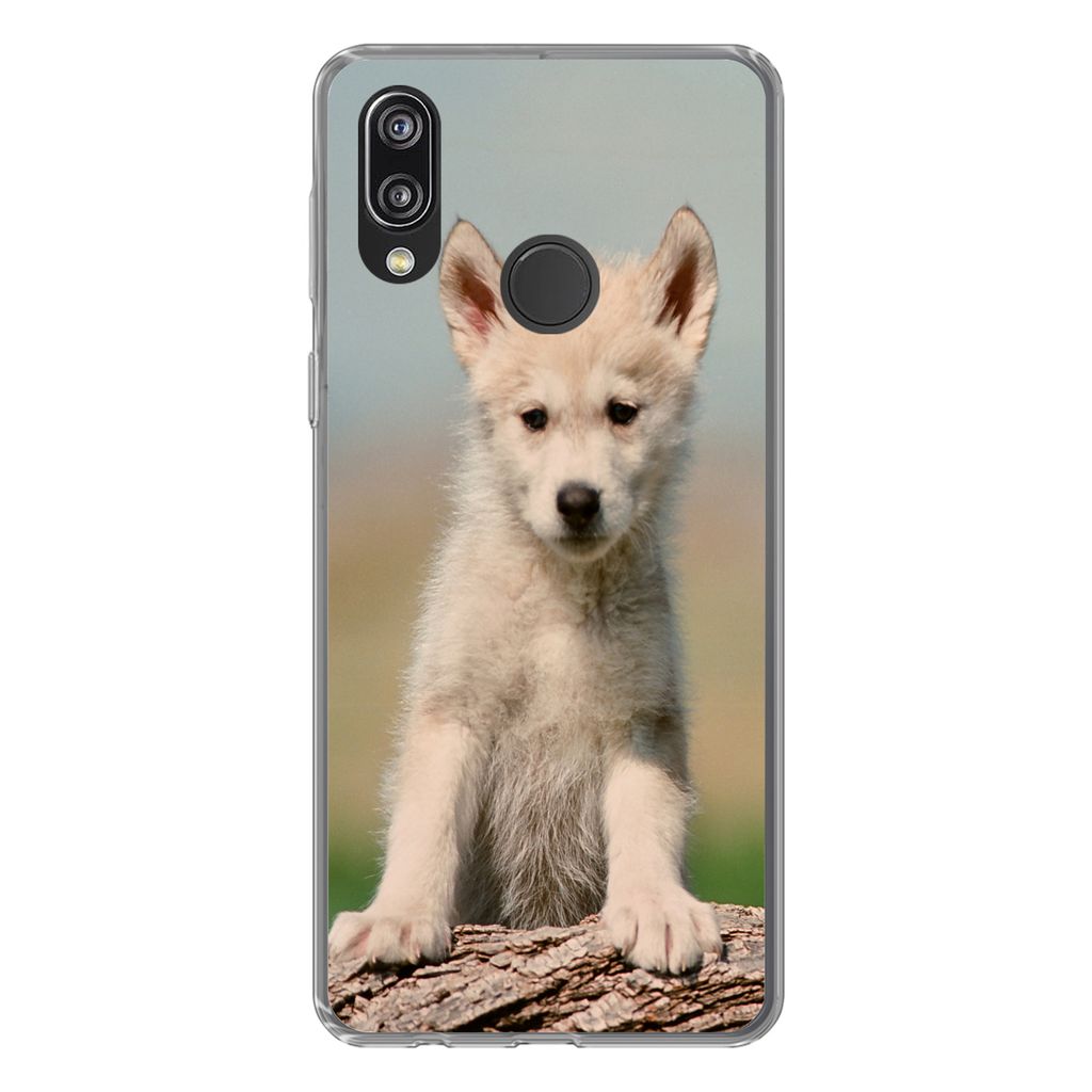 MuchoWow Handyhülle Schutzhülle Hülle für Huawei P20 Lite (2020) Wolf - Kind - Holz Silikon Softcase Handy Hülle - Kartenhalter