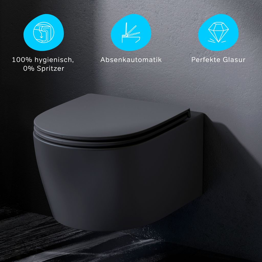 AM.PM Spülrandloses Schwarz WC Toilette für Gäste-WC Hänge-WC FlashClean aus Keramik Wand-WC X-Joy S mit Softclosing-Sitzabdeckung