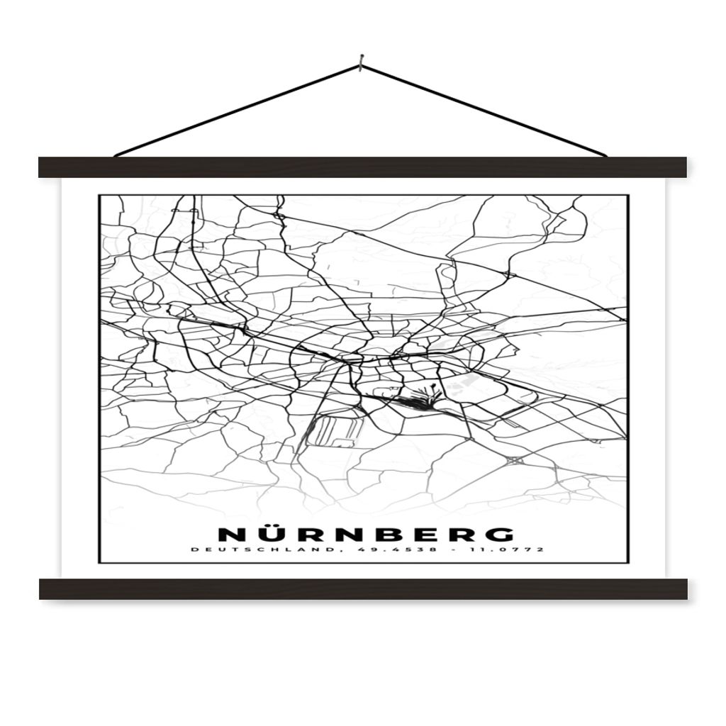 MuchoWow Textilposter Karte - Nürnberg - Karte - Stadtplan 120x80 cm mit schwarzem Rahmen - Wanddeko