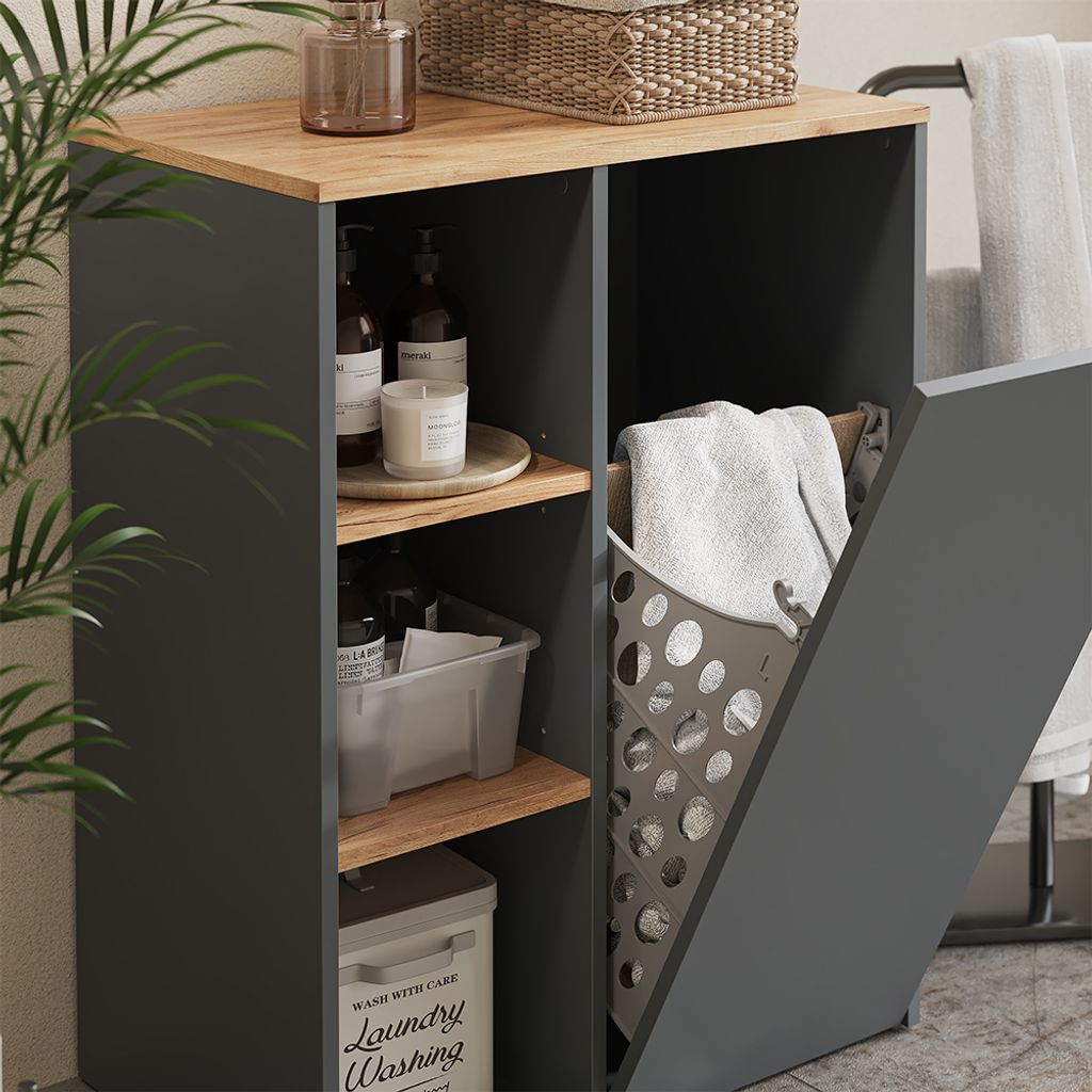 Vicco Badschrank Viktor, 68 x 88.2 cm , mit offenen Regalen und Wäschekorb, Anthrazit/Goldkraft Eiche