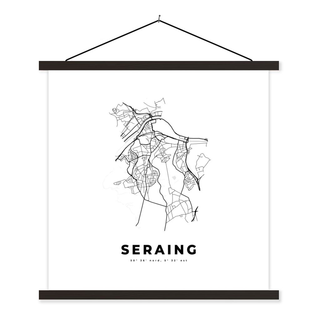 MuchoWow Textilposter Karte - Stadtplan - Seraing - Belgien - Schwarz und weiß 90x90 cm mit schwarzem Rahmen - Magnetisches