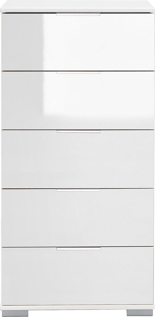 Schlafzimmer Schubkastenkommode in weiß mit weißem Glas ELSTRA-43, B/H/T ca. 49/102/41 cm