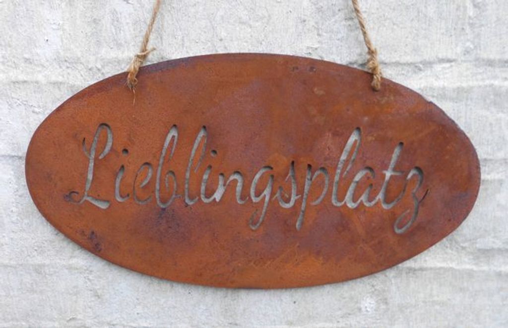 Eisenschild Hängeschild Lieblingsplatz 38 x 20 cm Echtrost an Kordel