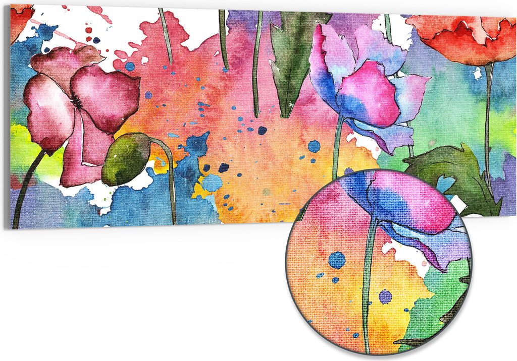 DEQORI Hybrid Leinwand Bild 125x50 cm 'Aquarell-Farbrausch' Wandbild Glas flach modern