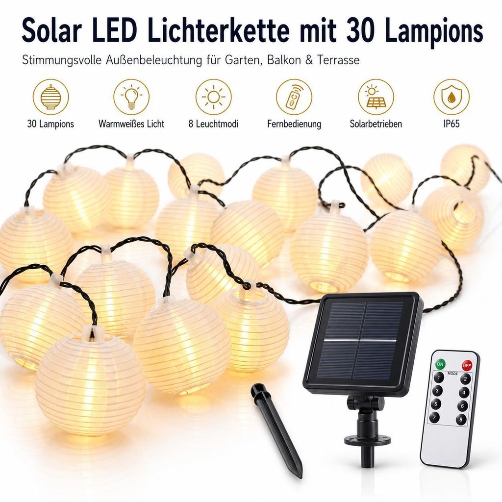Solar Lichterkette 30 LED Lampions warmweiß – 6,5 m Garten Produktbild 