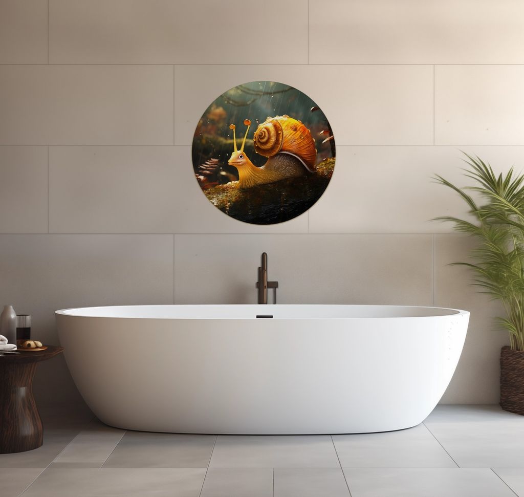 Wallario wasserfestes Poster selbstklebend 60 x 60 cm, Schnecke auf Ast, Badezimmerposter Spritzschutz mit Hochglanzoberfläche in Glasoptik