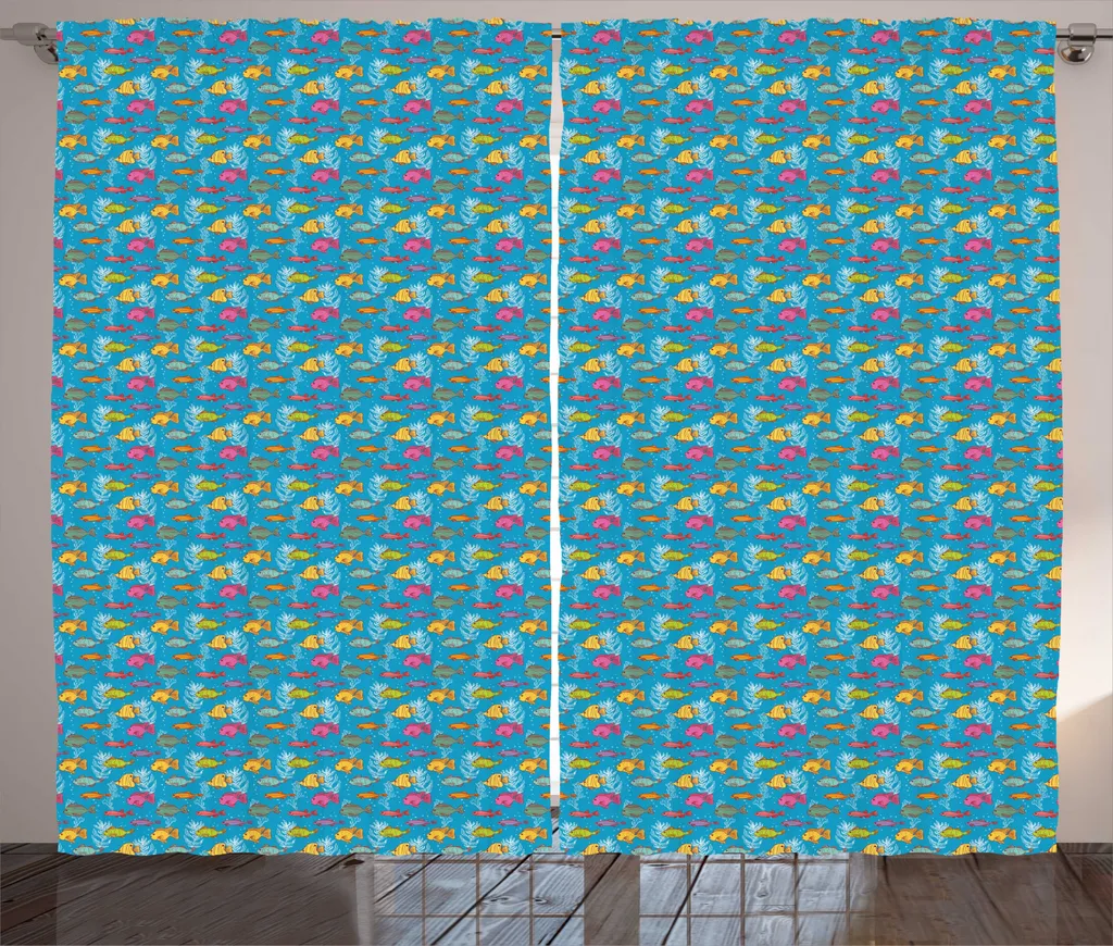Rideau salon anti-vis-à-vis design poissons exotiques 280x225cm complet